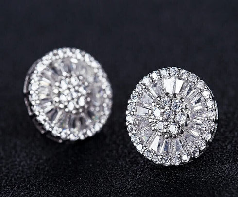 Baguette 18K White Gold Plated Round Cut Cubic Zircon Men Women Cluster Earrings